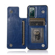 The back of a blue leather wallet case with a card slot