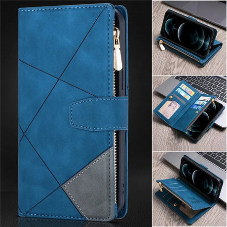 Blue leather wallet case for a smartphone with geometric stitching and multiple card slots.