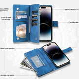 the blue leather wallet case with card slots and a phone holder