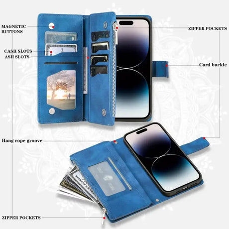 The blue leather wallet case with card slots and a phone holder