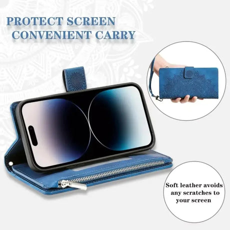 The blue leather wallet case with a zipper closure