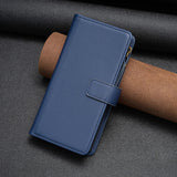 the blue leather wallet case is shown on a black background