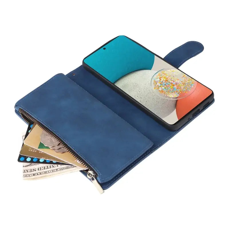 The blue leather wallet case with a credit card slot