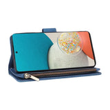 the blue leather wallet case with a phone inside