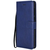 the back of a blue leather wallet case