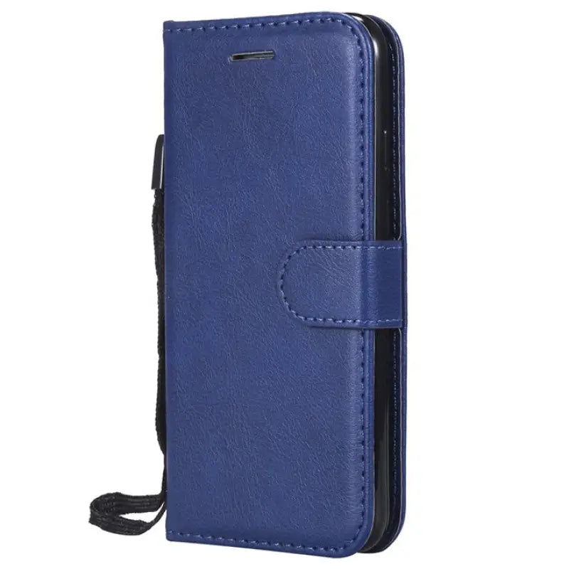 the back of a blue leather wallet case