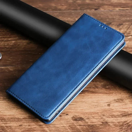 Blue leather wallet or phone case with a folded design.