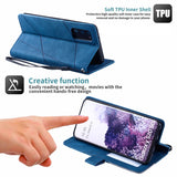 Blue leather wallet-style phone case with a stand function.