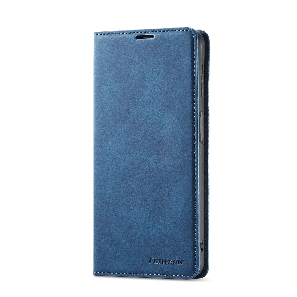 Blue leather wallet-style phone case with a flip cover.