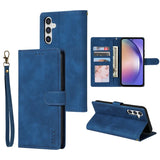 Blue leather wallet-style phone case with multiple card slots and a wrist strap.