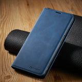 Blue leather wallet-style smartphone case with a flip cover.