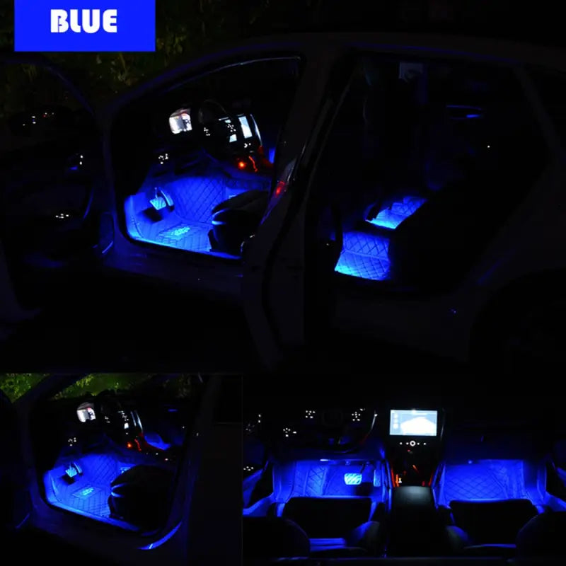 the interior of a car with blue lights