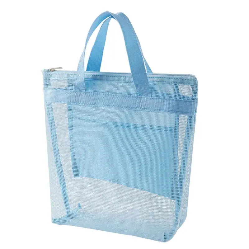 a blue mesh bag with a handle