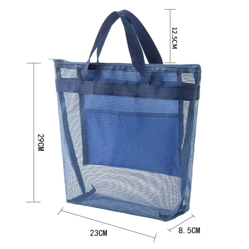 a blue mesh bag with a zipper closure