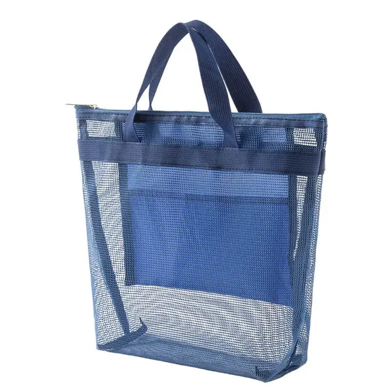 a blue mesh bag with a zipper closure