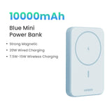 Blue mini power bank with 10000mAh capacity and wireless charging capability.