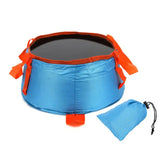 a blue and orange sleeping bag with a drawset