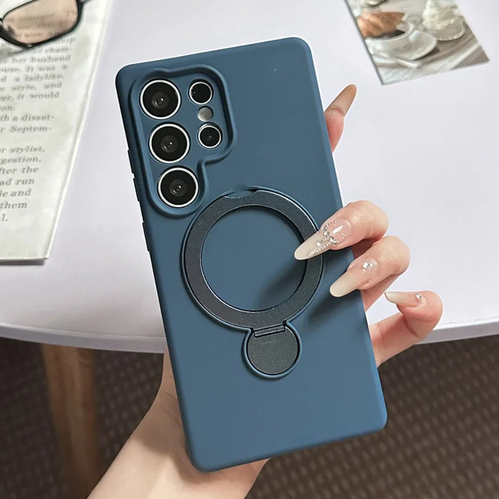Blue phone case with a camera cutout and a circular kickstand/finger ring.
