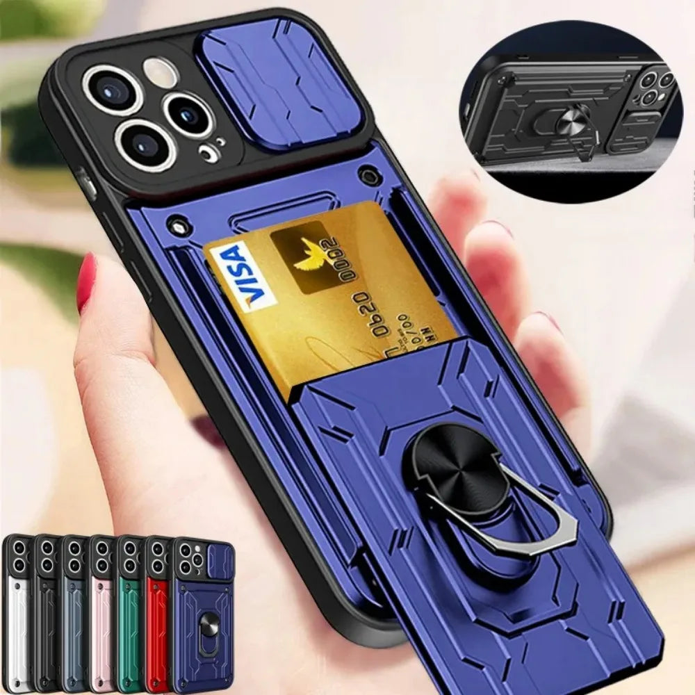 Armor Card Case with Magnetic Ring Holder Stand For iPhone 15 14 13 12 11 Pro Max Plus Wallet Slide Camera Military Grade Cover