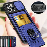 Armor Card Case with Magnetic Ring Holder Stand For iPhone 15 14 13 12 11 Pro Max Plus Wallet Slide Camera Military Grade Cover