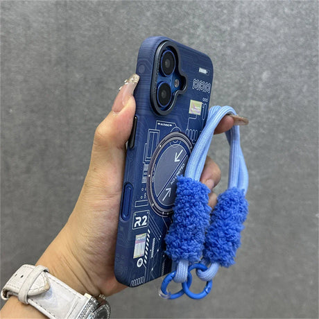 Blue phone case with fuzzy strap.