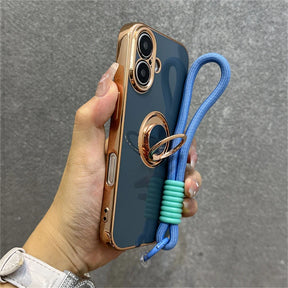 Blue phone case with gold trim and ring stand.