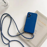 there is a blue phone case with a lanyard attached to it