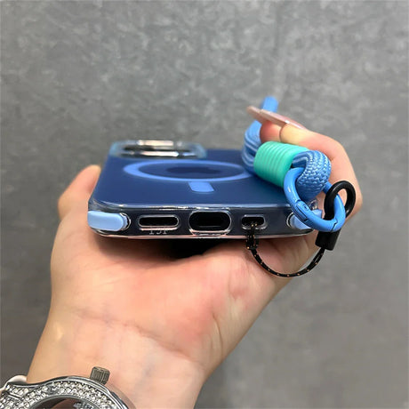 Blue phone case with lanyard.