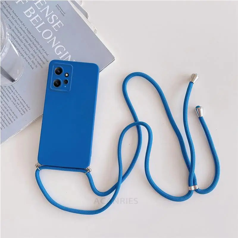 there is a blue phone case with a lanyard attached to it