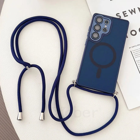 Blue phone case with lanyard.