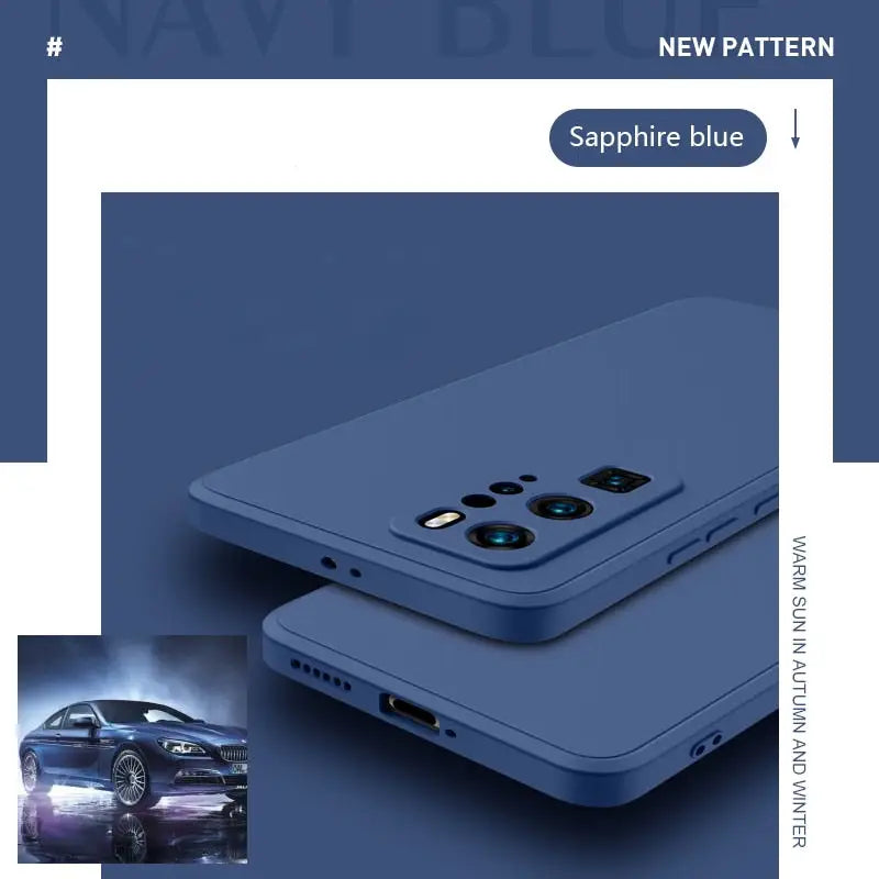 the back and front of a blue phone case