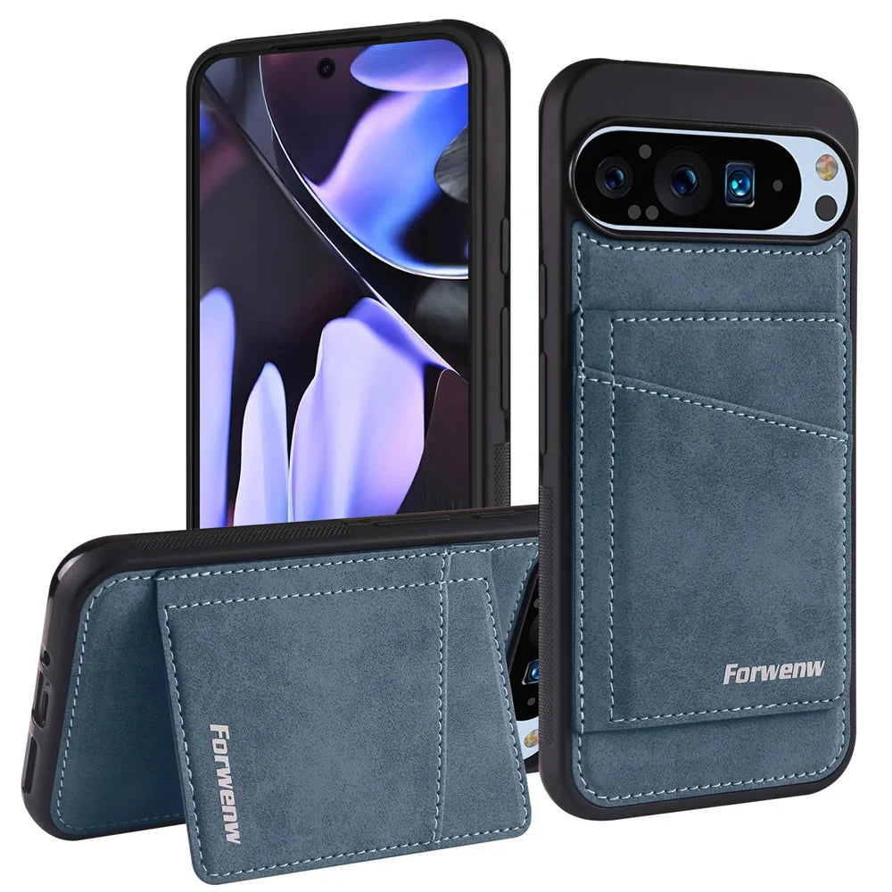 Blue phone case with multiple card slots and a kickstand.