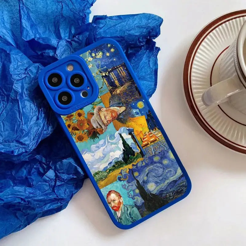 a blue phone case with a painting on it