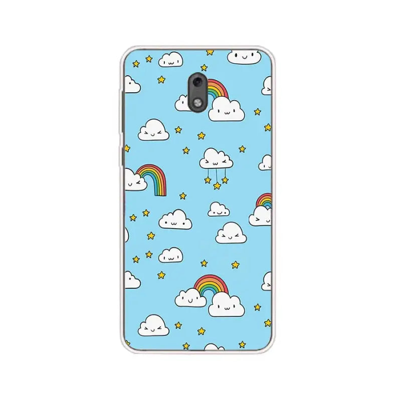 a blue phone case with a rainbow and stars on it