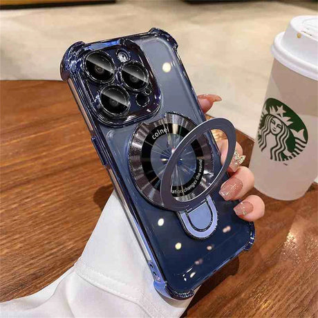 Blue phone case with ring stand.