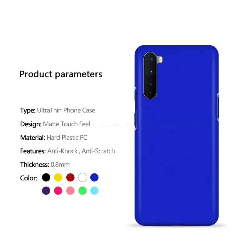 the back of a blue phone case with the text product