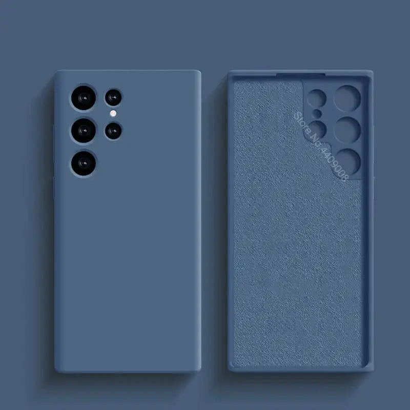 A blue phone case with two camera lenses on the back