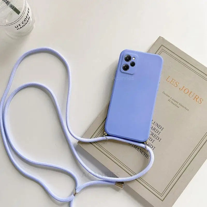 a blue phone case with a white strap