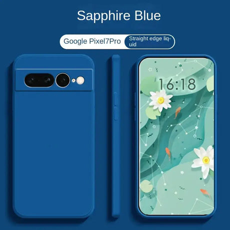 A blue phone with a blue case and a white flower