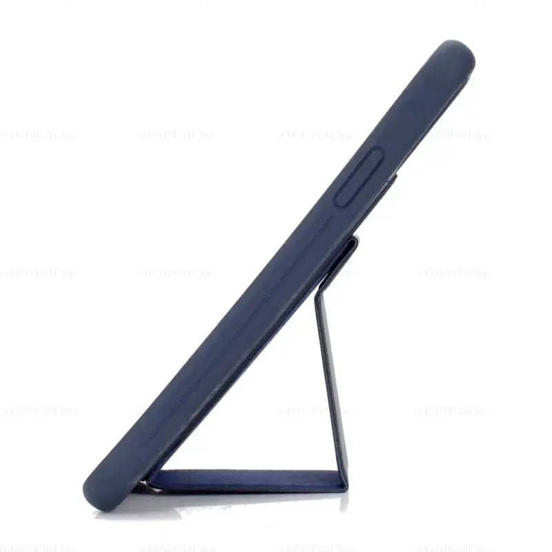 A blue phone stand with a white background