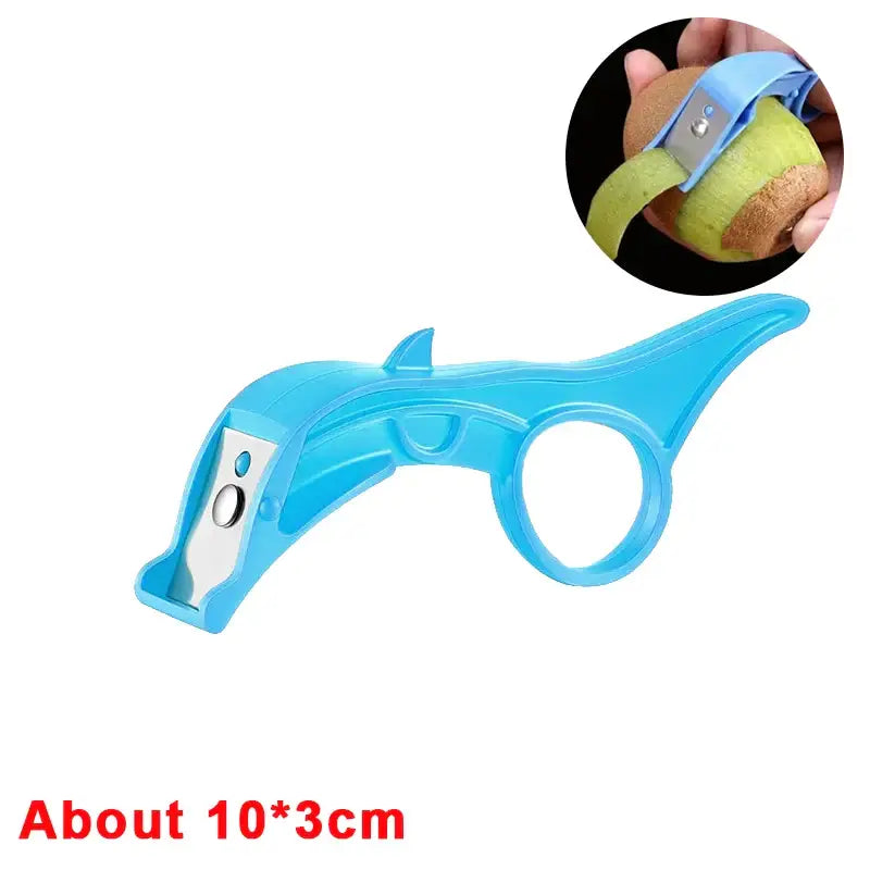 a blue plastic tennis ball cutter with a white background