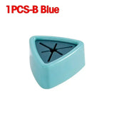 a blue plastic triangle shaped object with a black star on top