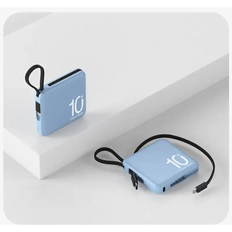 a blue power bank with a charging cable