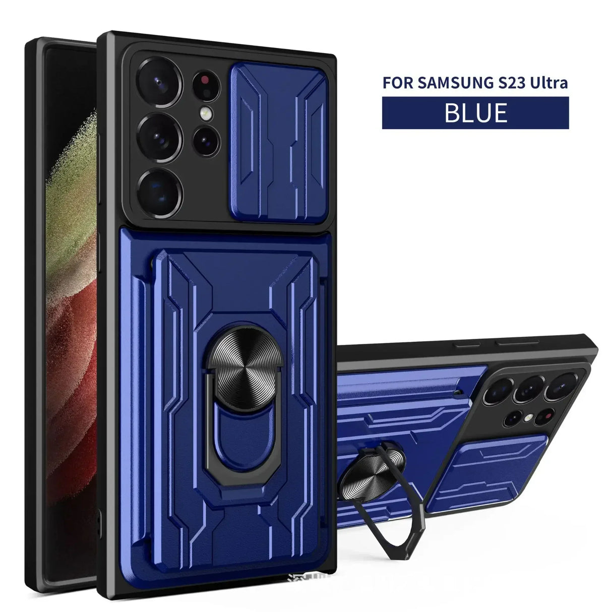 Blue protective case with a ring holder for the Samsung S23 Ultra smartphone.