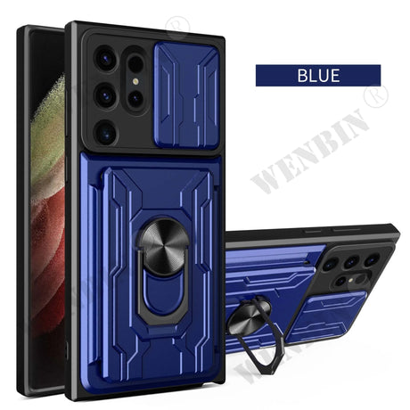 Blue protective case with a ring holder for a smartphone featuring multiple camera lenses.