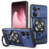 A blue protective phone case with a camera cover and an integrated kickstand ring.