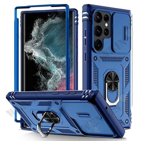 Blue protective smartphone case with a built-in ring holder and multiple camera cutouts.