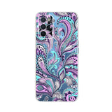 the back of a purple and blue paisley pattern case