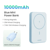 Blue rectangular power bank with wireless charging capability and magnetic attachment.