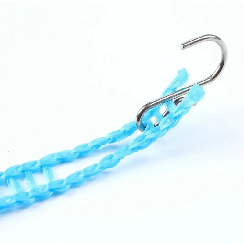 a blue plastic rope with a metal hook